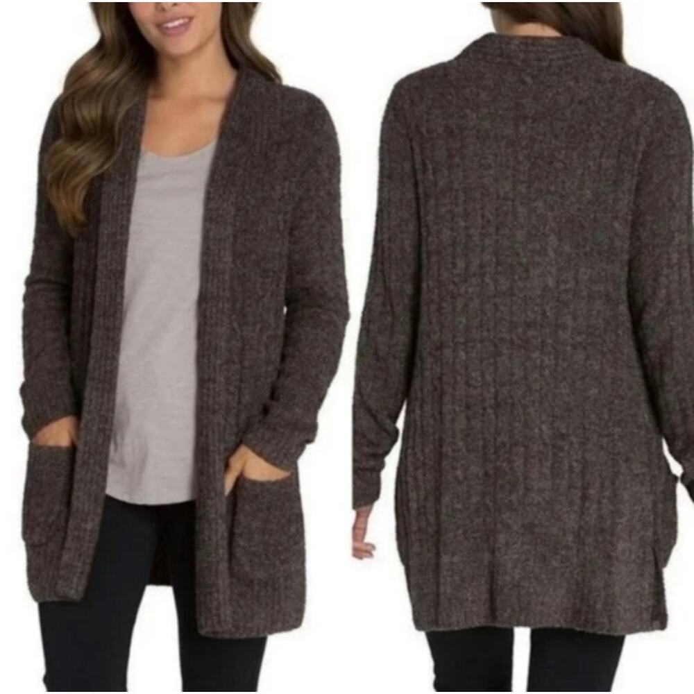 Barefoot Dreams CozyChic Lite ribbed cardigan in a brown/taupe color-Size L